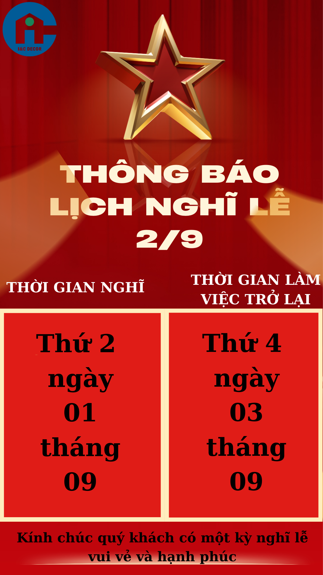 Thông báo lịch Nghĩ lễ 2/9/2025